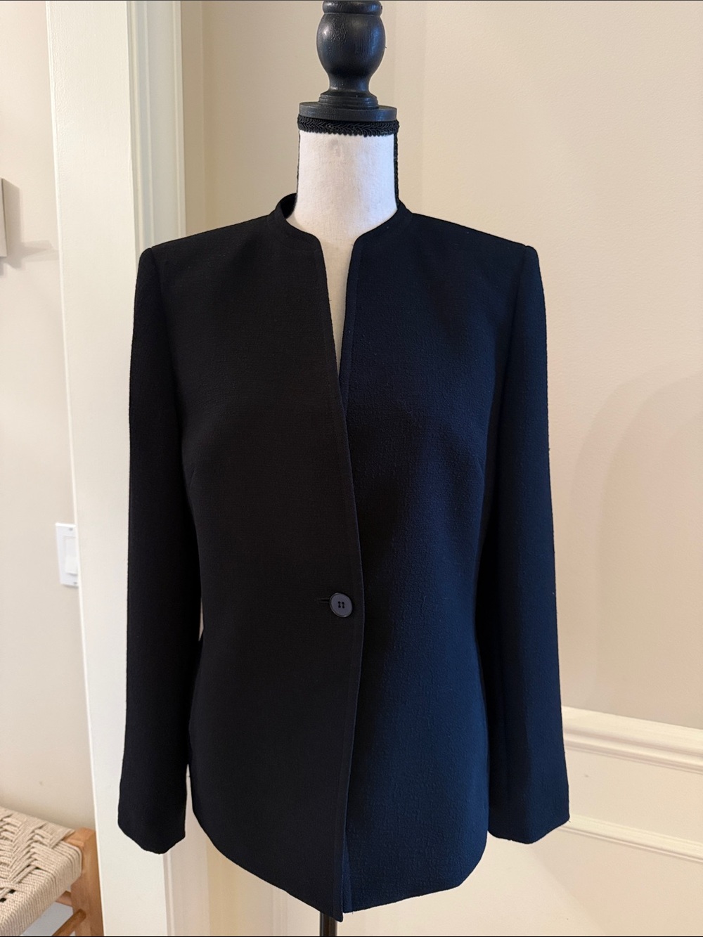 Vintage 90s Anne Klein II Collarless Black Blazer Jacket Size 6